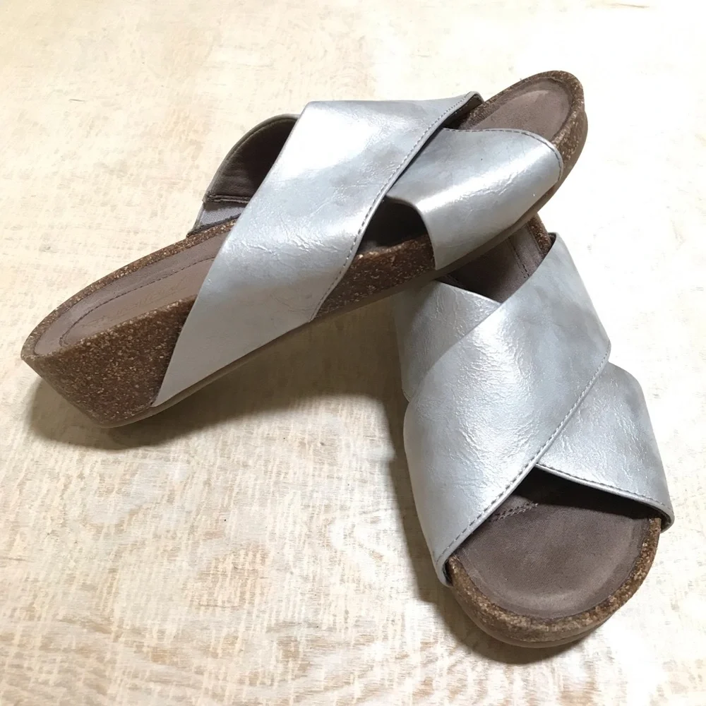 Natural Soul Kyra Low Wedge Slip On Sandal Silver